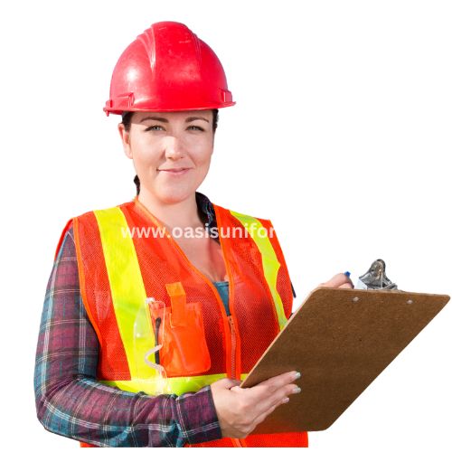 Orange Women's Construction Vest with Red Helmet Manufacturer