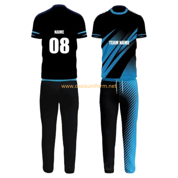 custom black and blue cricket uniform